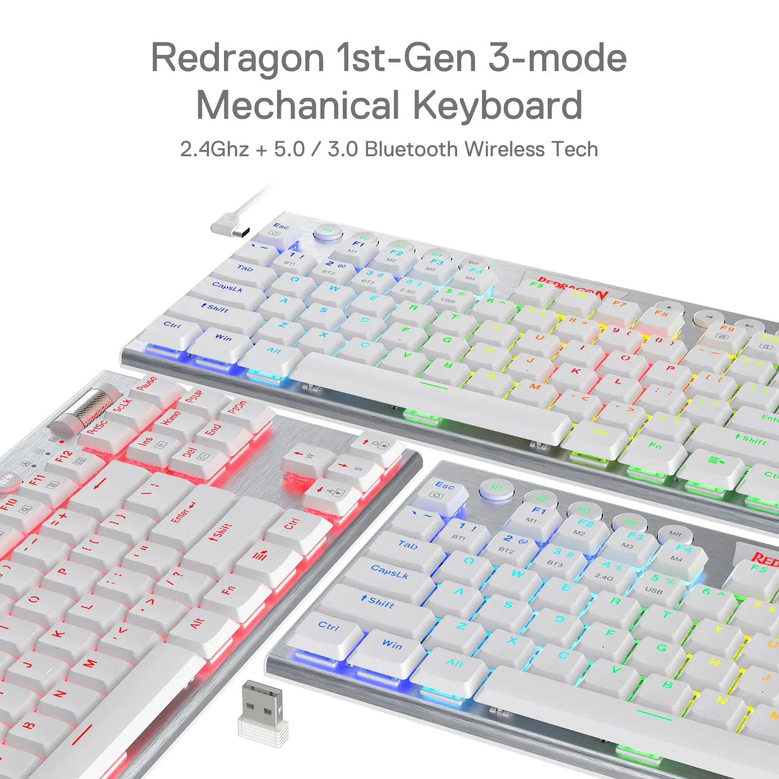 Redragon K621 Horus TKL Wireless RGB Mechanical Keyboard, 5.0 BT/2.4 Ghz/Wired Three Modes Low Profile Bluetooth Keyboard, Red Switch, White Case