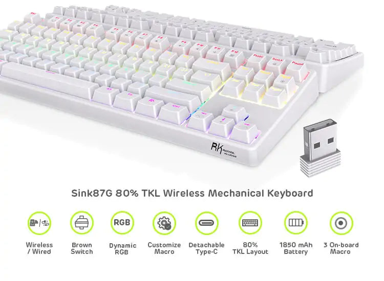 RK ROYAL KLUDGE Sink87G RGB 80% 87 Keys Wireless 2.4G Tenkeyless Mechanical Keyboard, Tactile Brown Switches, White
