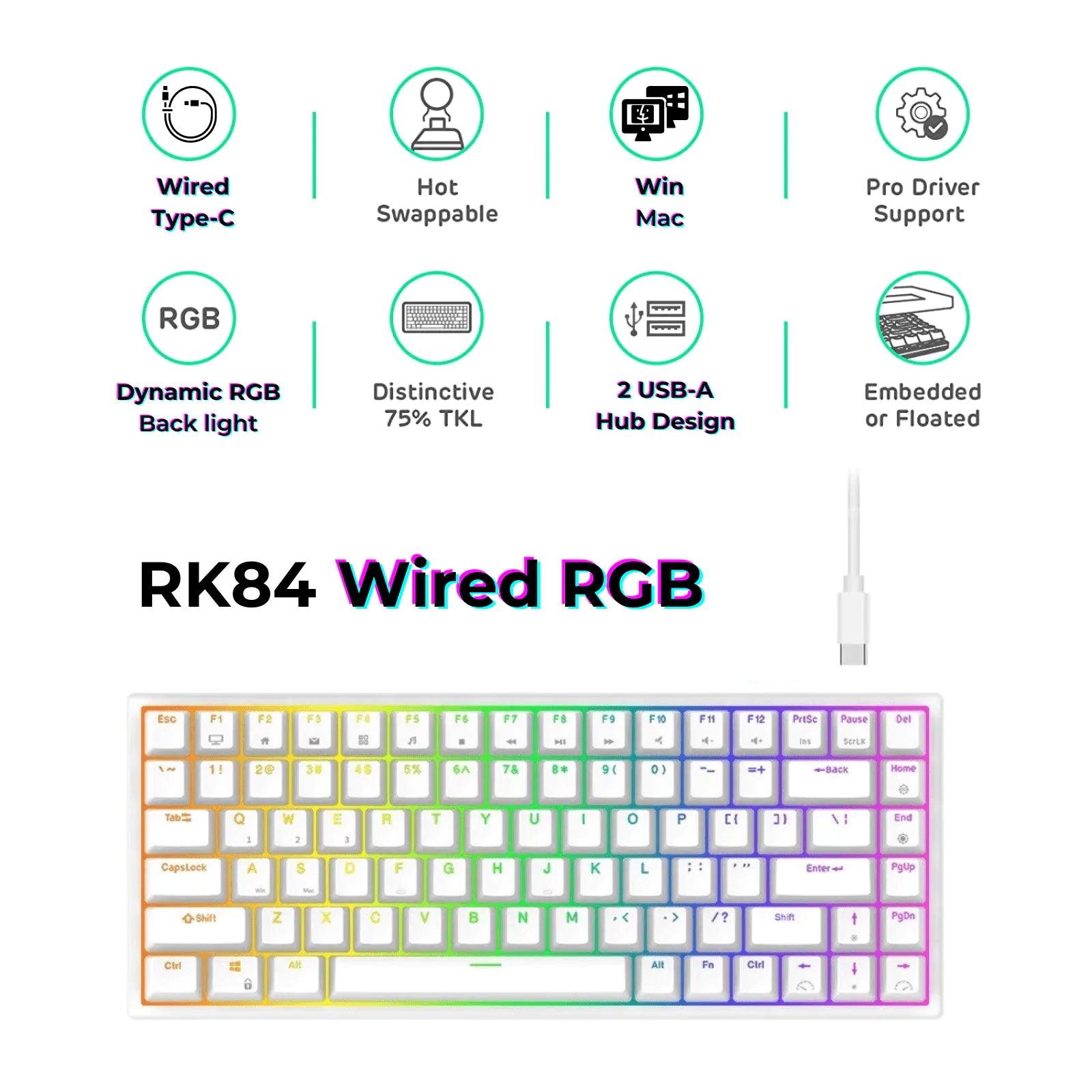 RK ROYAL KLUDGE RK84 Wired RGB 75% Hot Swappable Mechanical Keyboard, 84 Keys Tenkeyless TKL Gaming Keyboard w/ Programmable Software, RK Blue Switch