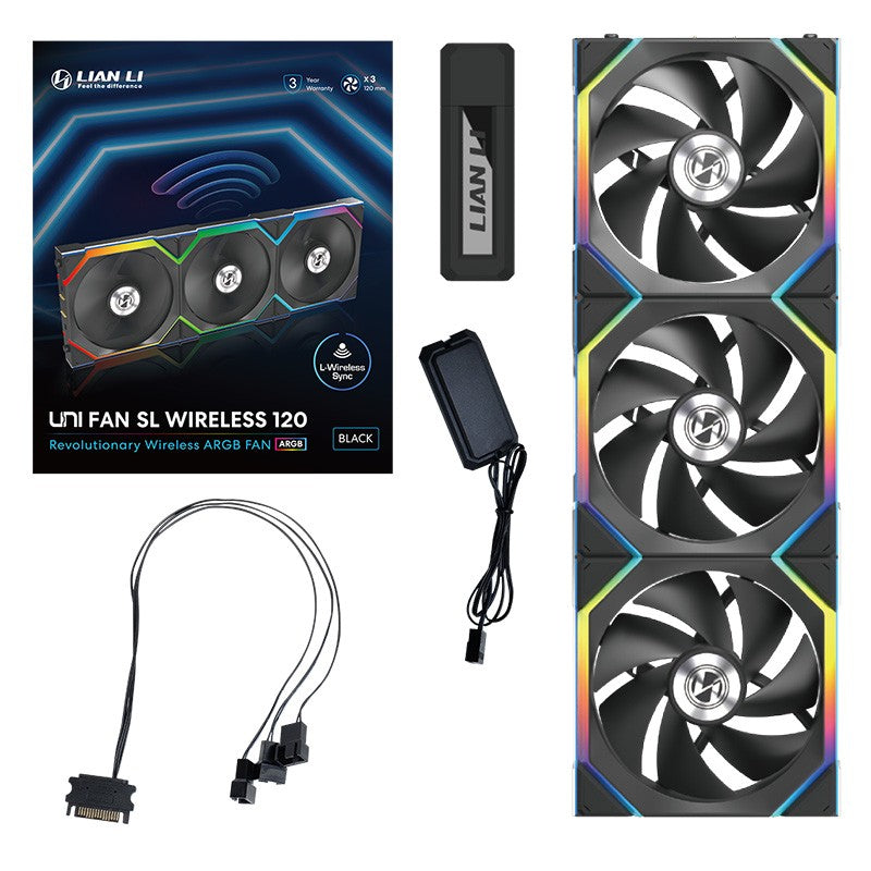 Lian Li Uni Fan 120mm SL Wireless ARGB 4-Pin PWM Black Fan with Controller - 3 Pack