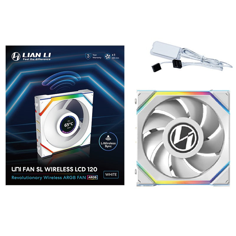 Lian Li Uni Fan 120mm SL Wireless ARGB 4-Pin PWM White Fan with 1.6in LCD Display
