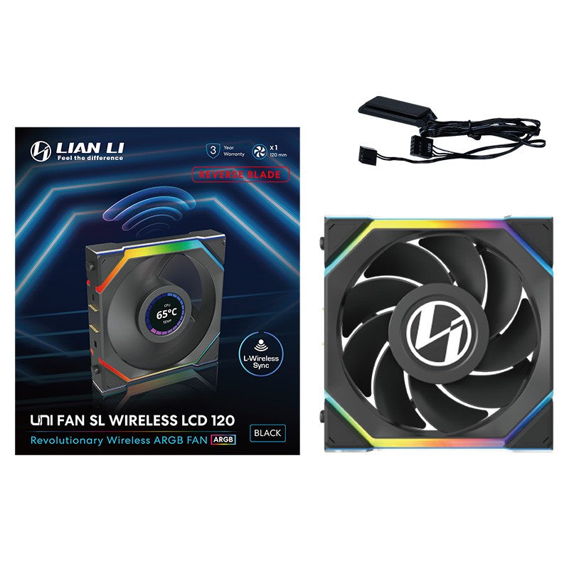 Lian Li Uni Fan 120mm SL Wireless Reverse Blade ARGB 4-Pin PWM Black Fan with 1.6in LCD Display
