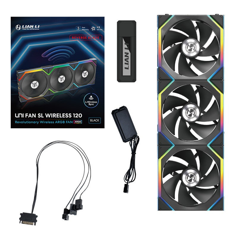 Lian Li Uni Fan 120mm SL Wireless Reverse Blade ARGB 4-Pin PWM Black Fan with Controller - 3 Pack