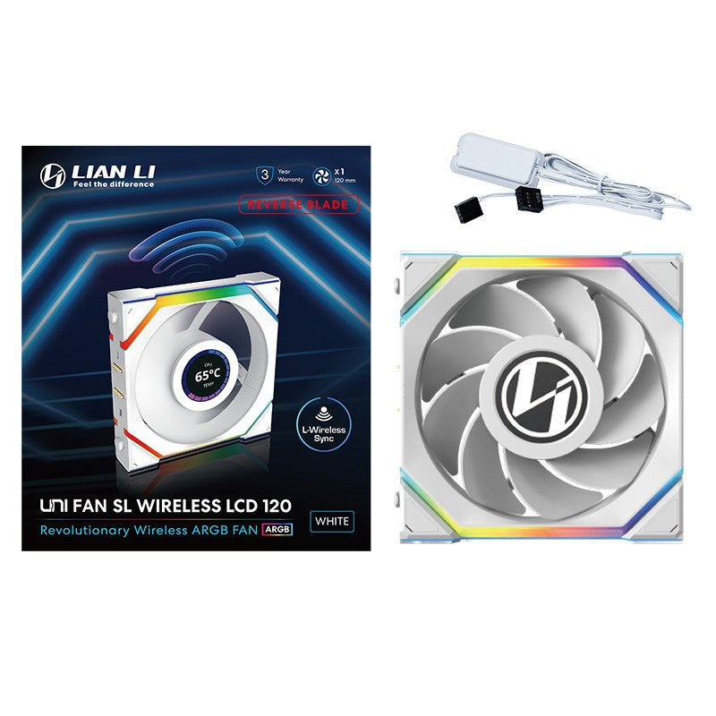Lian Li Uni Fan 120mm SL Wireless Reverse Blade ARGB 4-Pin PWM White Fan with 1.6in LCD Display