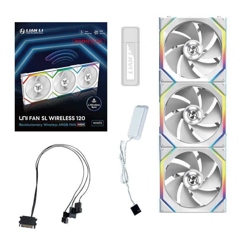 Lian Li Uni Fan 120mm SL Wireless Reverse Blade ARGB 4-Pin PWM White Fan with Controller - 3 Pack