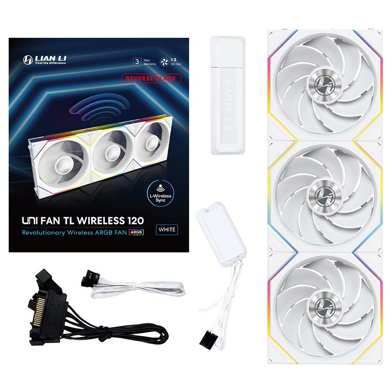 Lian Li Uni Fan TL Wireless 120mm Reverse Blade Fan White - 3 Pack