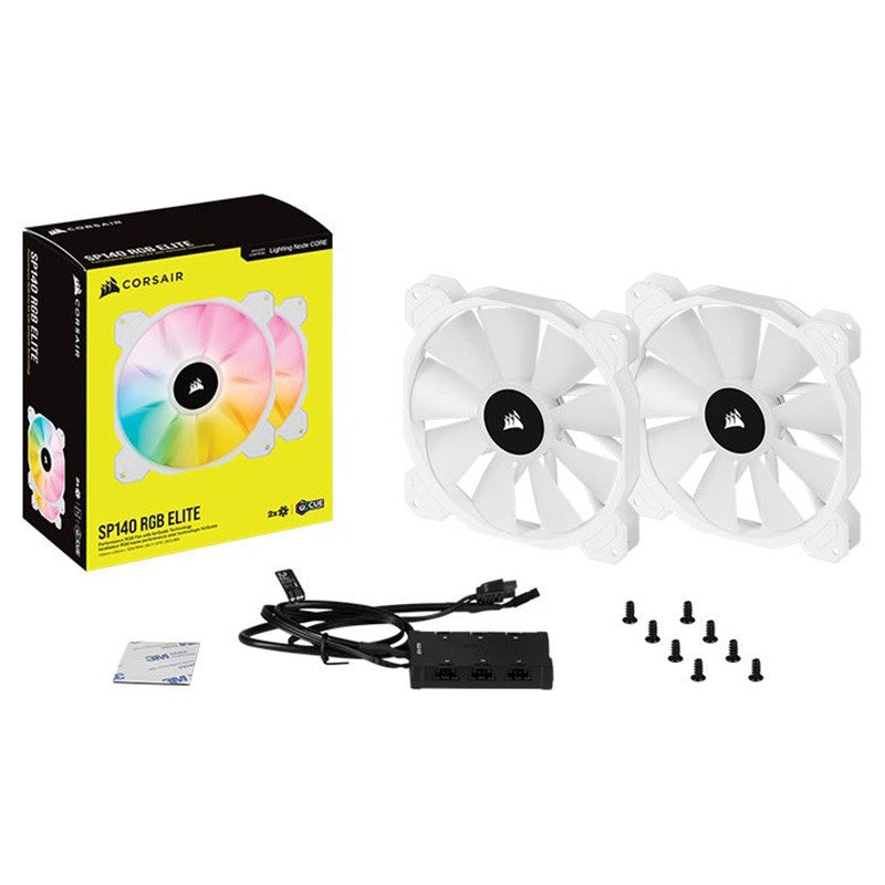 Corsair iCUE SP140 140mm RGB Elite White PWM Fan - Dual Fan Kit with Lighting Node CORE