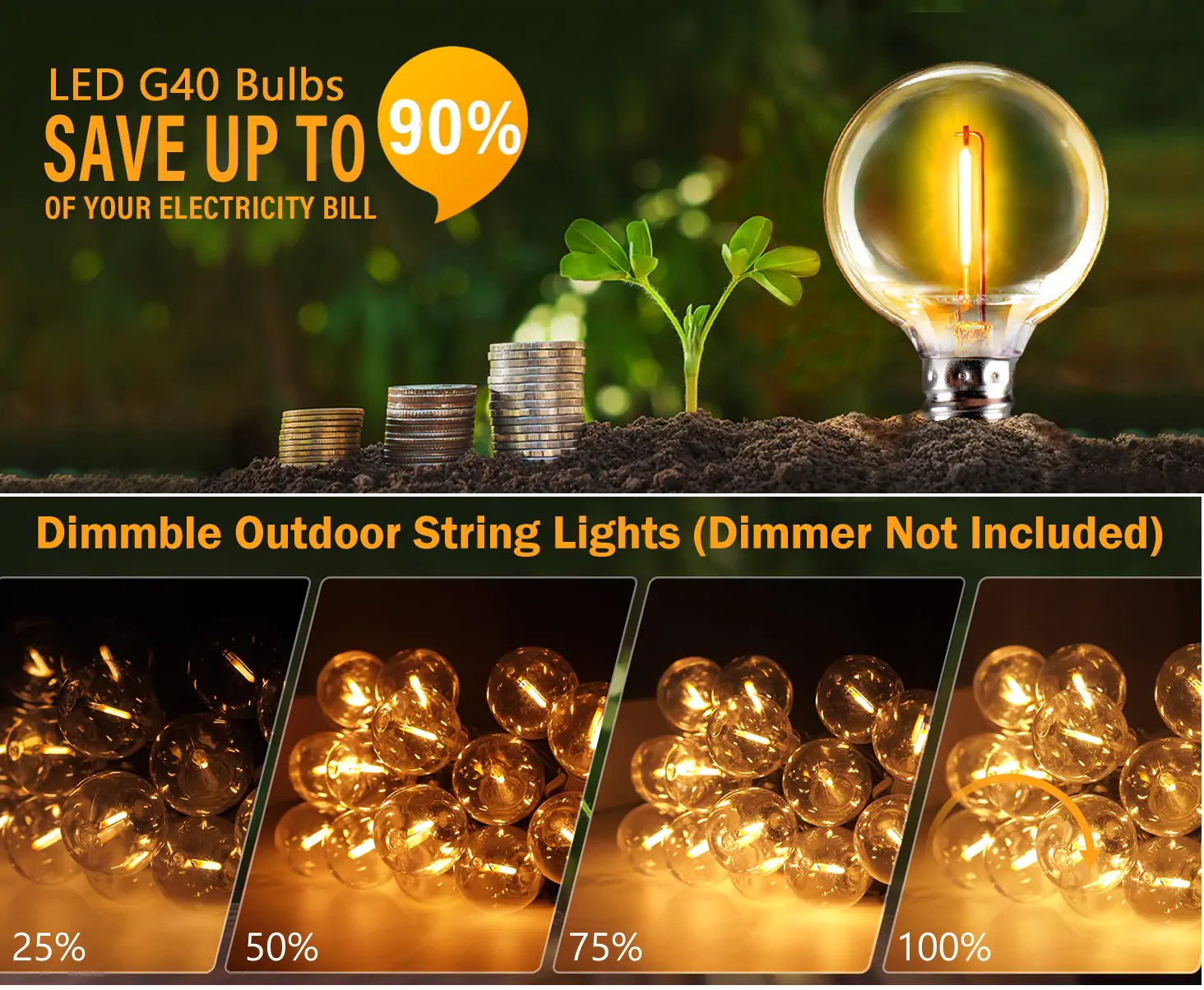 LED Outdoor String Lights 25FT LED Patio Lights with 15pcs Shatterproof Bulbs IP65 Waterproof Connectable Yard Hanging Lights Christmas Lights