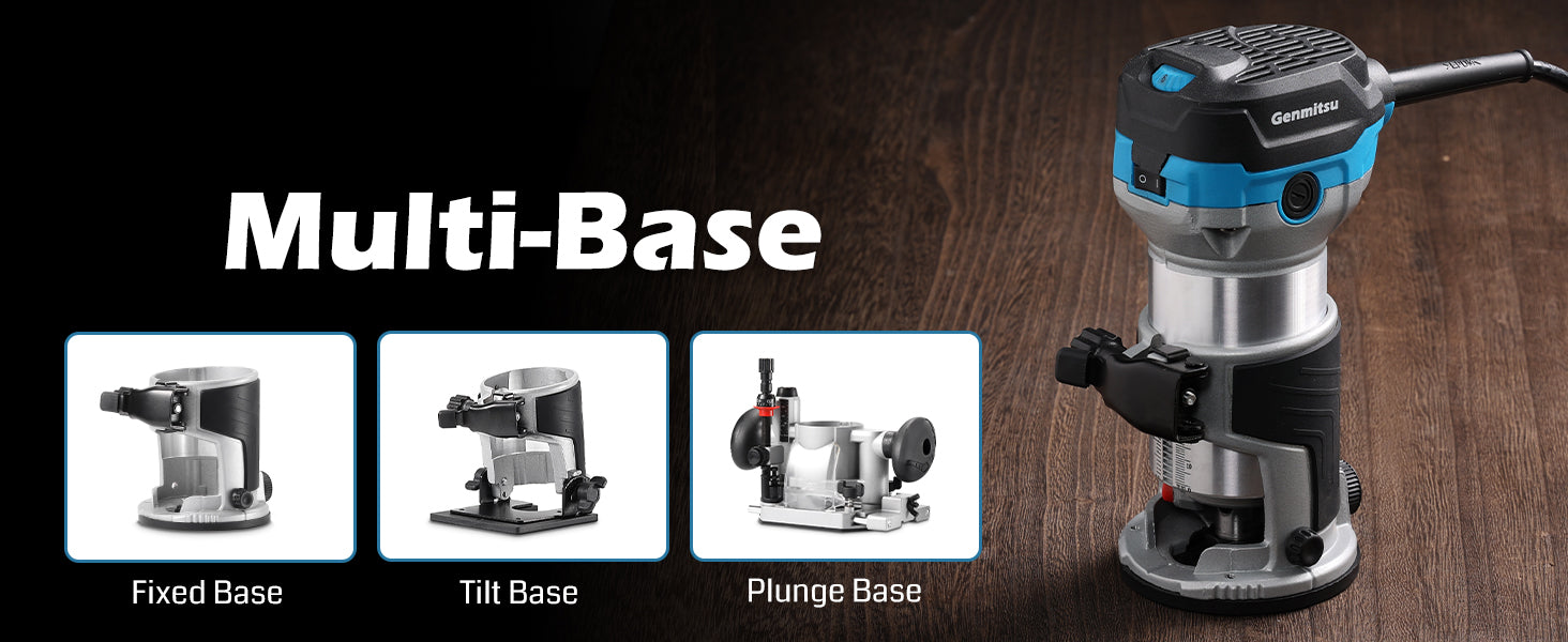 Genmitsu 1.25 HP Palm Trimmer Router Kit, Compact Router Wood Tool With Fixed Base/Plunge Base & Tilt Base, 6 Variable Speeds 10000-30000 R/MIN