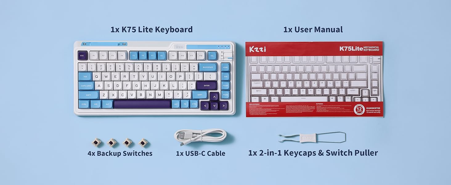 KZZI K75 Lite Wireless Mechanical 75% Gasket Mount RGB 3-Mode Hot Swappable 82 Keys Gaming Keyboard, Grand Sea