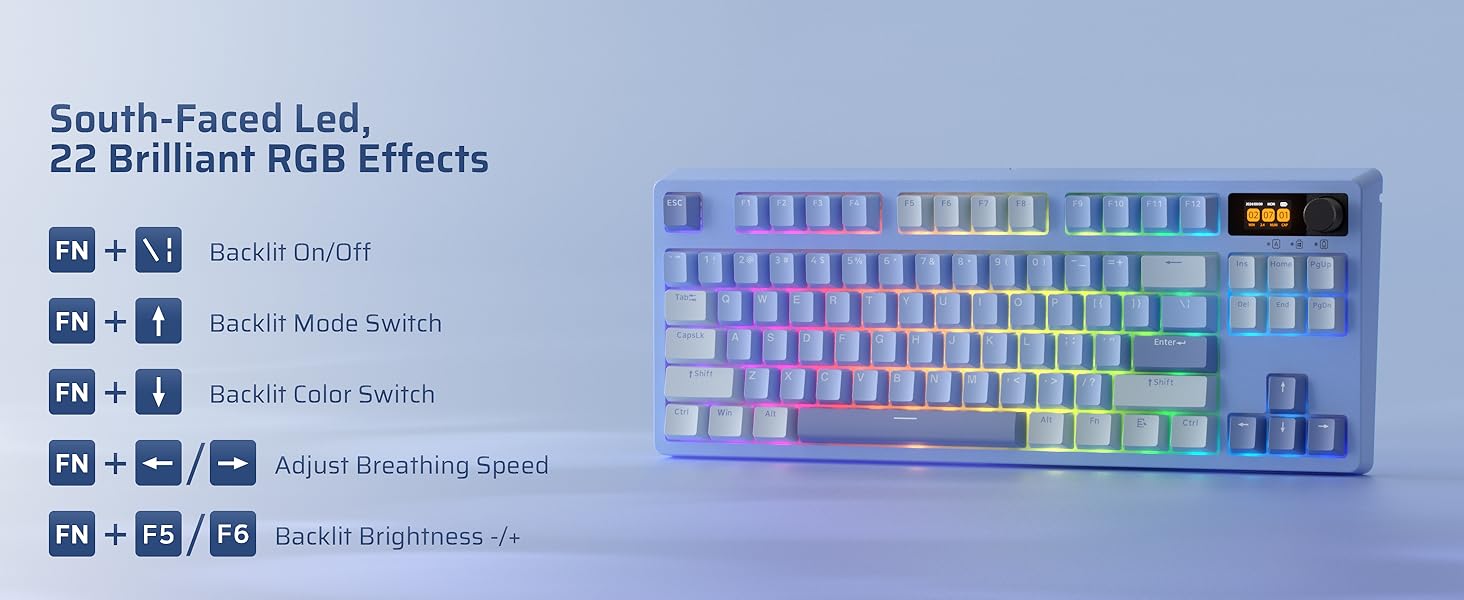 LTC Nimbleback NB841 PRO 75% Wireless 2.4G/ BT/USB-C Wired RGB 84 Keys Gaming Mechanical 3-Layer Dampener, Hot Swap PCB Keyboard Lake Blue Switches, B