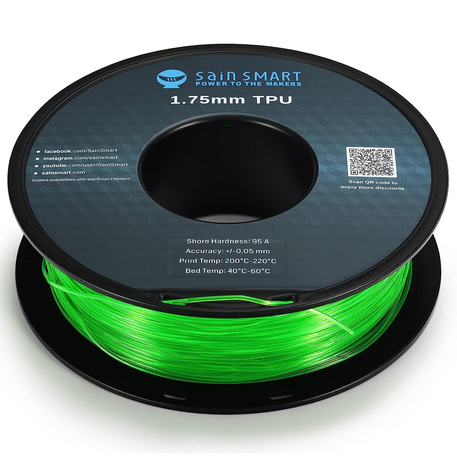 SainSmart Green Flexible TPU 3D Printing Filament, 1.75 mm, 0.8 kg, Dimensional Accuracy +/- 0.05 mm