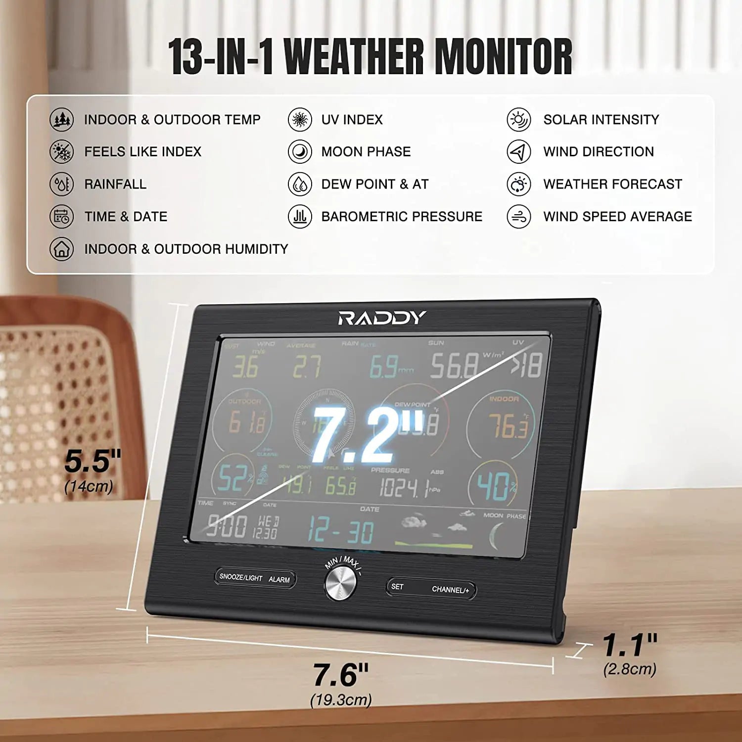 Raddy L7 LoRa Weather Station 1.9 Miles Long Range - Wireless Wi-Fi Indoor/Outdoor Weather Station with Rain Gauge, Thermometer, Humidity Sensor for G