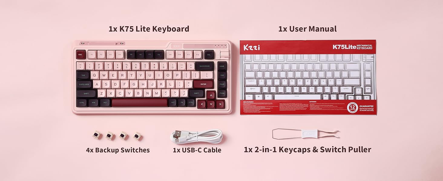KZZI K75 Lite Wireless Wired Mechanical RGB Gaming Hot Swappable 3-Mode Keyboard Creamy Linear Switches, Compact 82 Keys