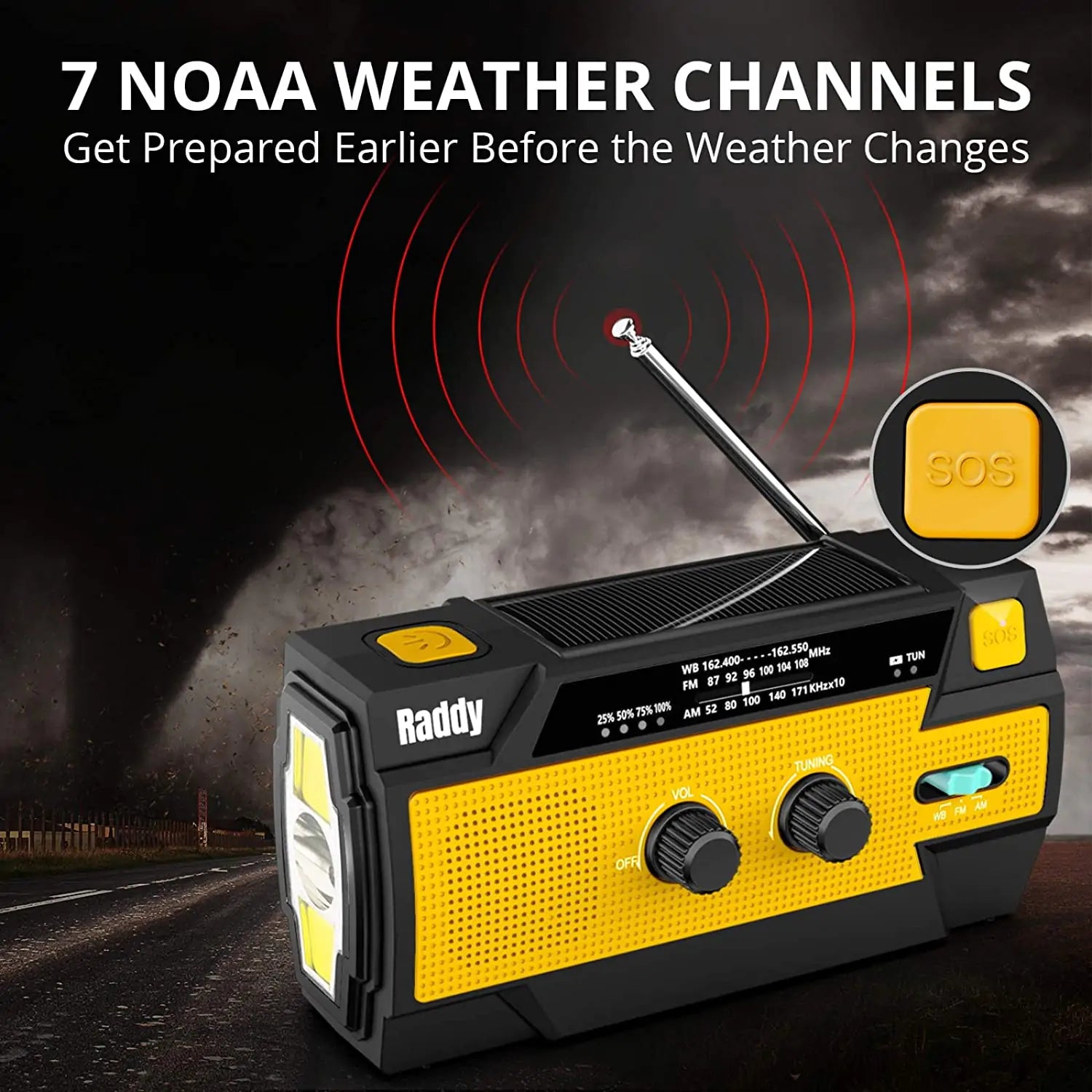 [5000 Battery] Raddy SW3 Emergency Radio Hand Crank Solar-Powered, FM/AM/NOAA Weather Radio with 3 Types of Flashlight, SOS Alarm, Reflective Strip, C