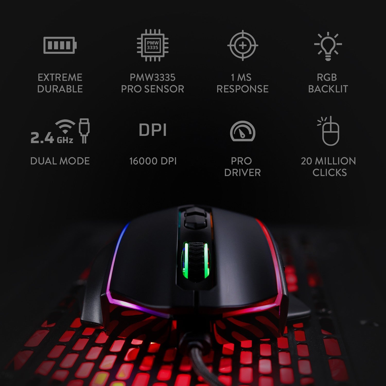 Redragon M686 2.4Ghz Wireless/Wired RGB Gaming Mouse, 16000 DPI