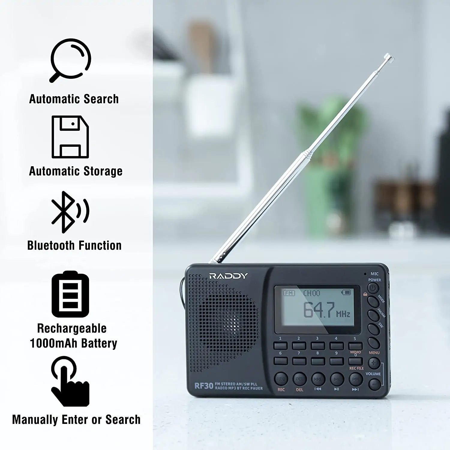 Raddy RF30 Portable Digital AM/FM/SW Radio, Digital Tuner Rechargeable Shortwave Radio, Support Bluetooth, Micro SD Card and AUX Recording