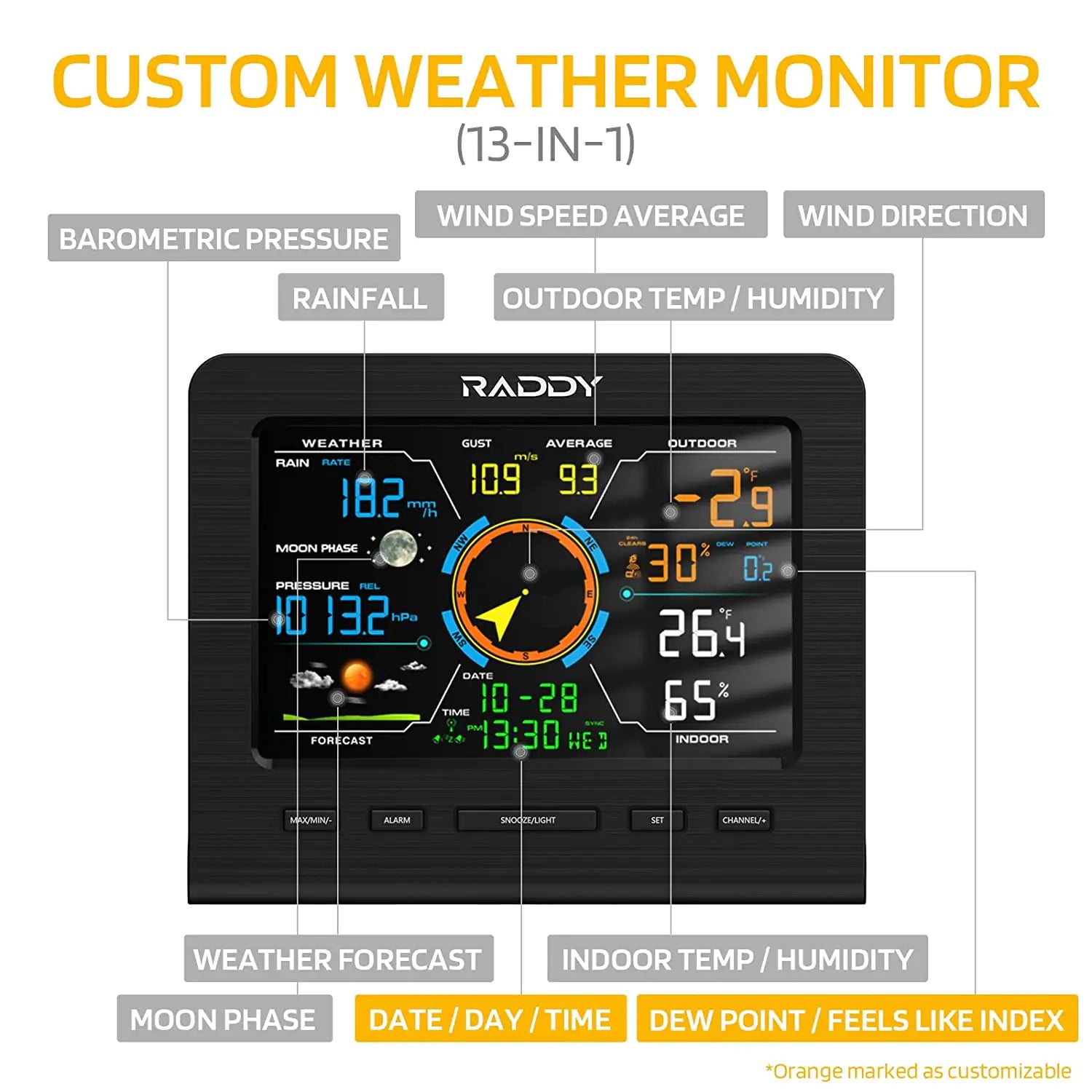 Raddy WF-100C Lite Weather Station Wireless Indoor Outdoor with Temperature, Barometric, Humidity, Wind Gauge, Rain Gauge, Weather Forecast, Moon Phra