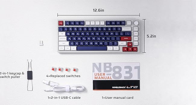 LTC Nimbleback NB831 Wireless 75% 3 Mode BT5.0/2.4Ghz/USB-C Wired 81 Keys RGB PBT Keycaps Hot Swappable Mechanical Keyboard, Mecha Blue