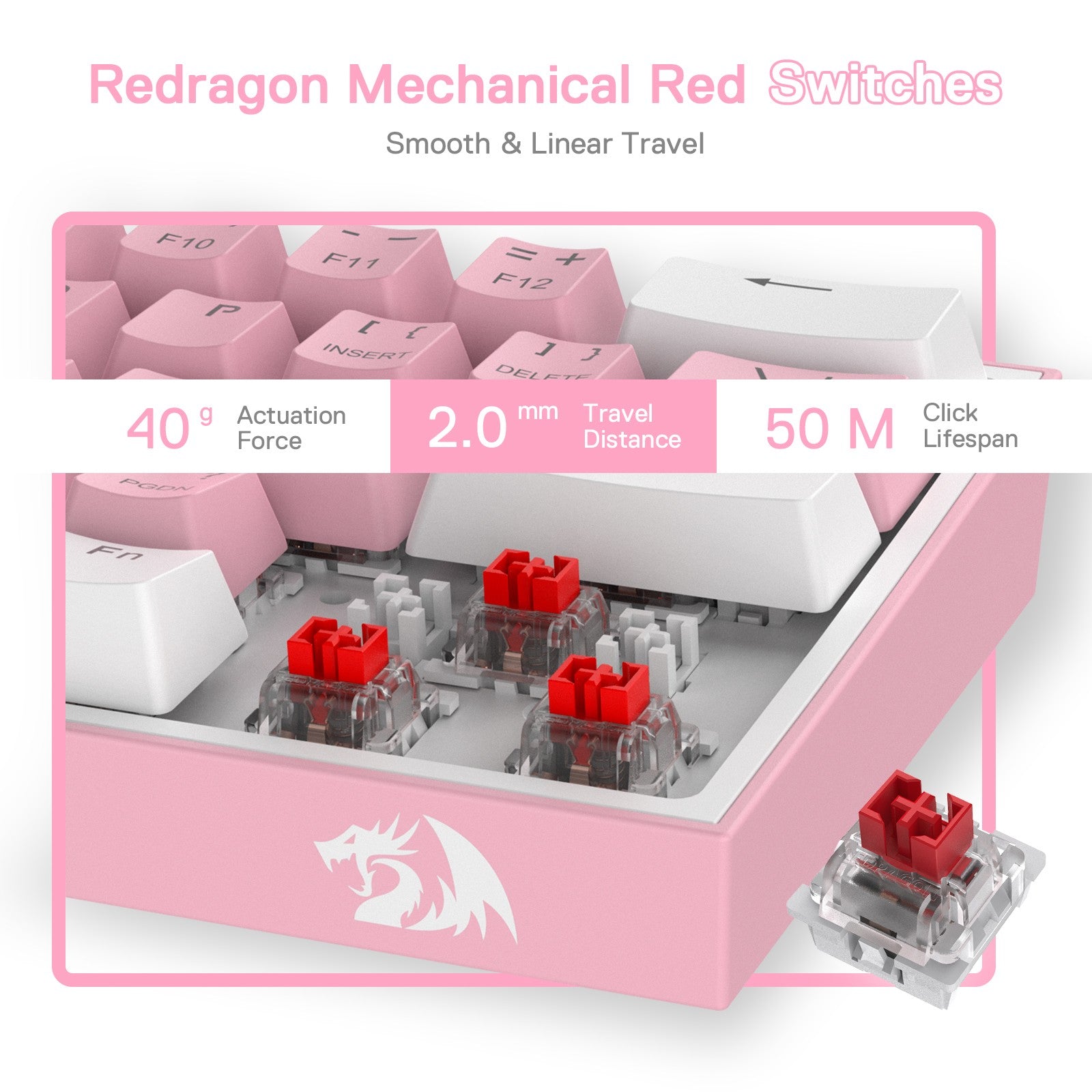 Redragon K617 Fizz 60% Wired RGB Gaming Keyboard, 61 Keys Compact Mechanical Keyboard w/White and Pink Color Keycaps, Linear Red Switch