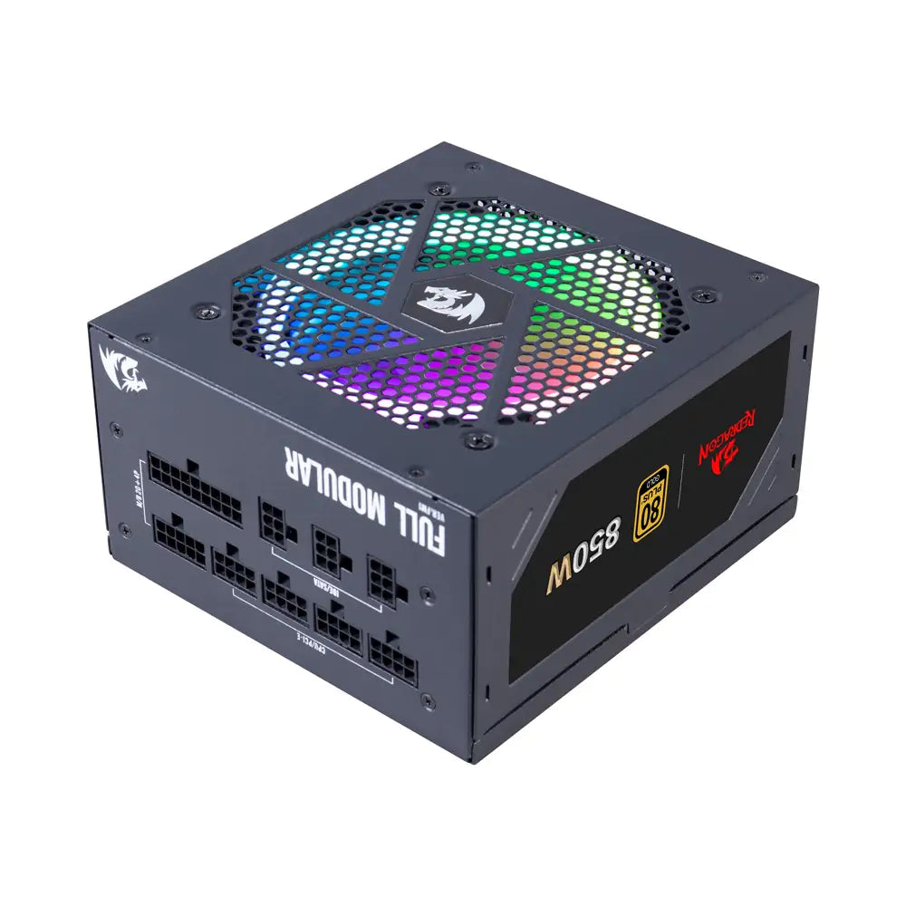 Redragon PSU007 80+ Gold 850 Watt ATX Fully Modular Power Supply w/ 80 Plus Gold Certified, Compact 160mm Size and Low Noise RGB Fan 0 RPM