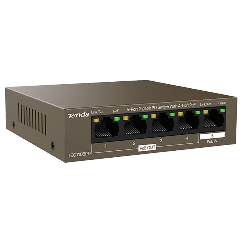 Tenda 5 Port Gigabit PD Desktop Switch with 4-Port POE/POE+ Extenders - No Power Adapter