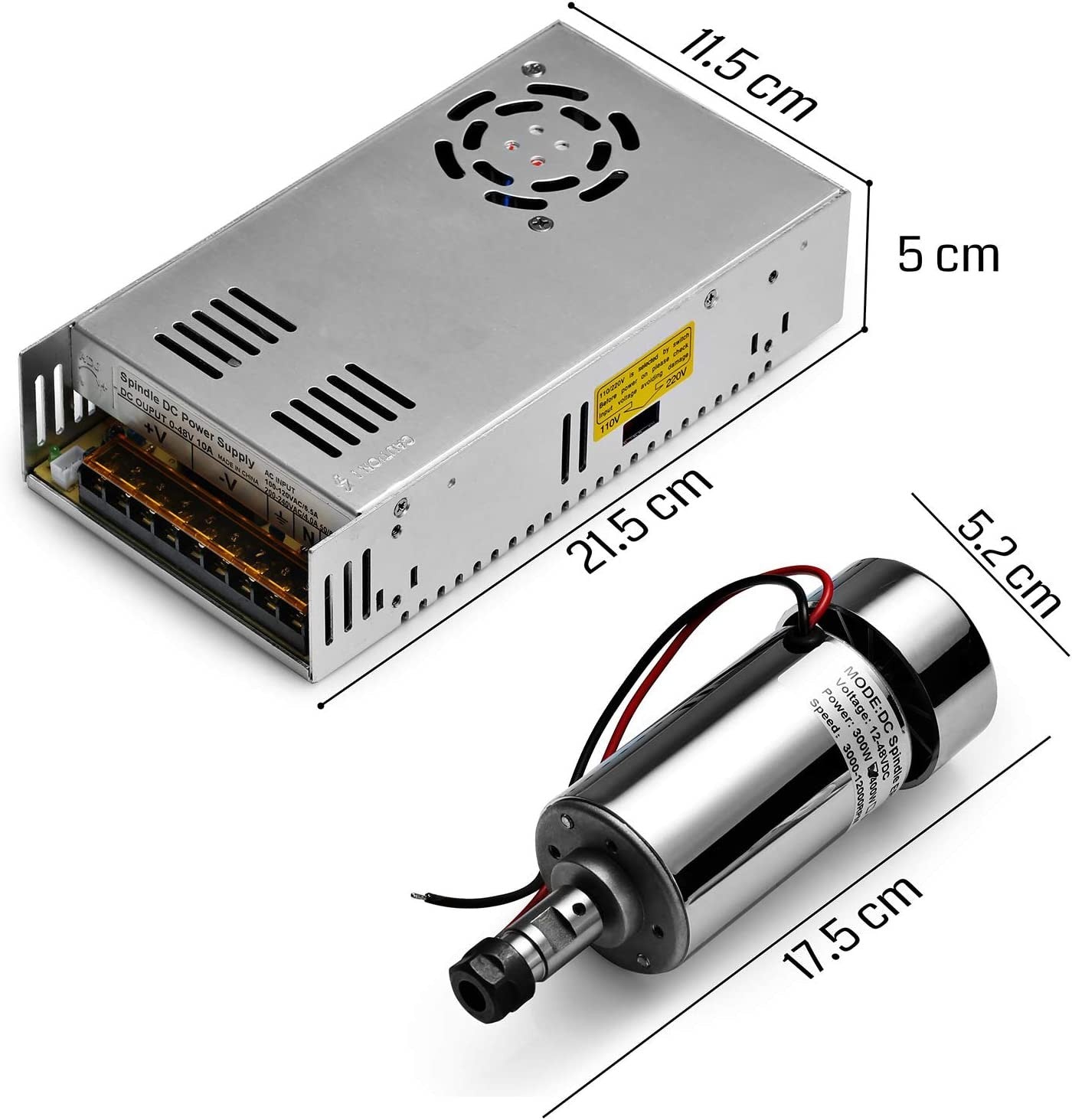 Genmitsu Air-Cooled 300W Brush DC Spindle Motor with 0-48V Output Adjustable Switching Power Supply, 52mm Clamp & ER11 Collet, ideal for CNC Machining