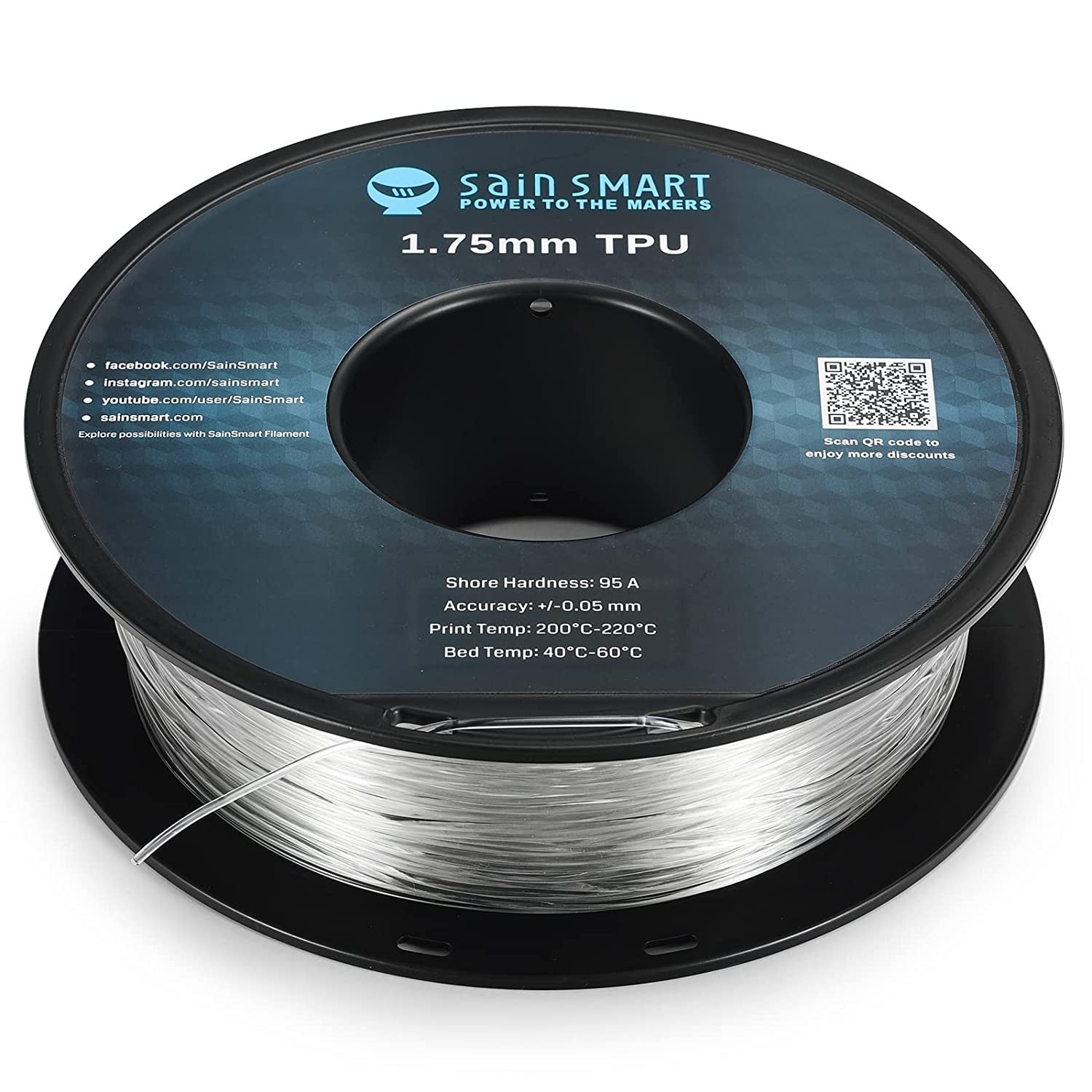 Clear Flexible TPU 3D Printing Filament, 1.75 mm, 0.8 kg, Dimensional Accuracy +/- 0.05 mm