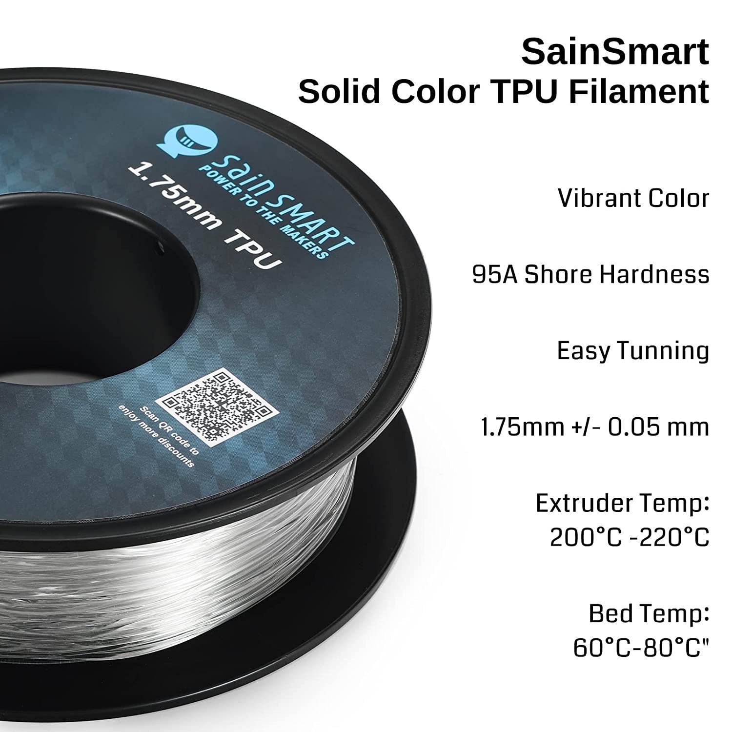 Clear Flexible TPU 3D Printing Filament, 1.75 mm, 0.8 kg, Dimensional Accuracy +/- 0.05 mm