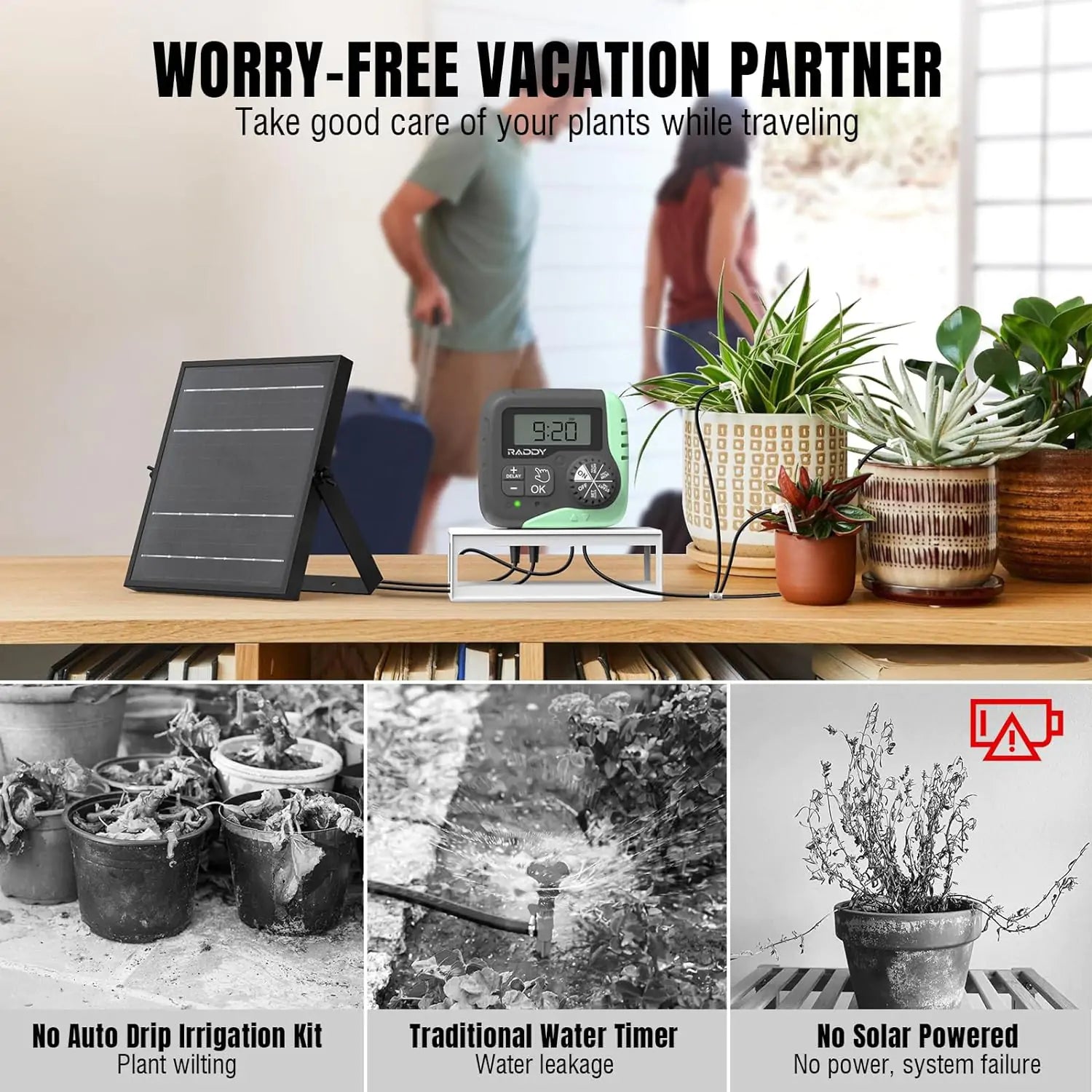 Raddy WS-1 Drip Irrigation Kit, 5W Solar Powered Automatic Watering System, Easy DIY Water Timer for Plants on The Balcony, Gardens, and Green House