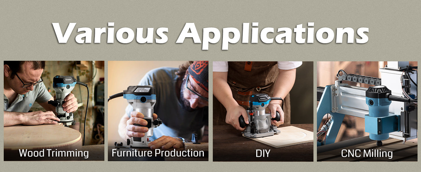 Genmitsu 1.25 HP Palm Trimmer Router Kit, Compact Router Wood Tool With Fixed Base/Plunge Base & Tilt Base, 6 Variable Speeds 10000-30000 R/MIN