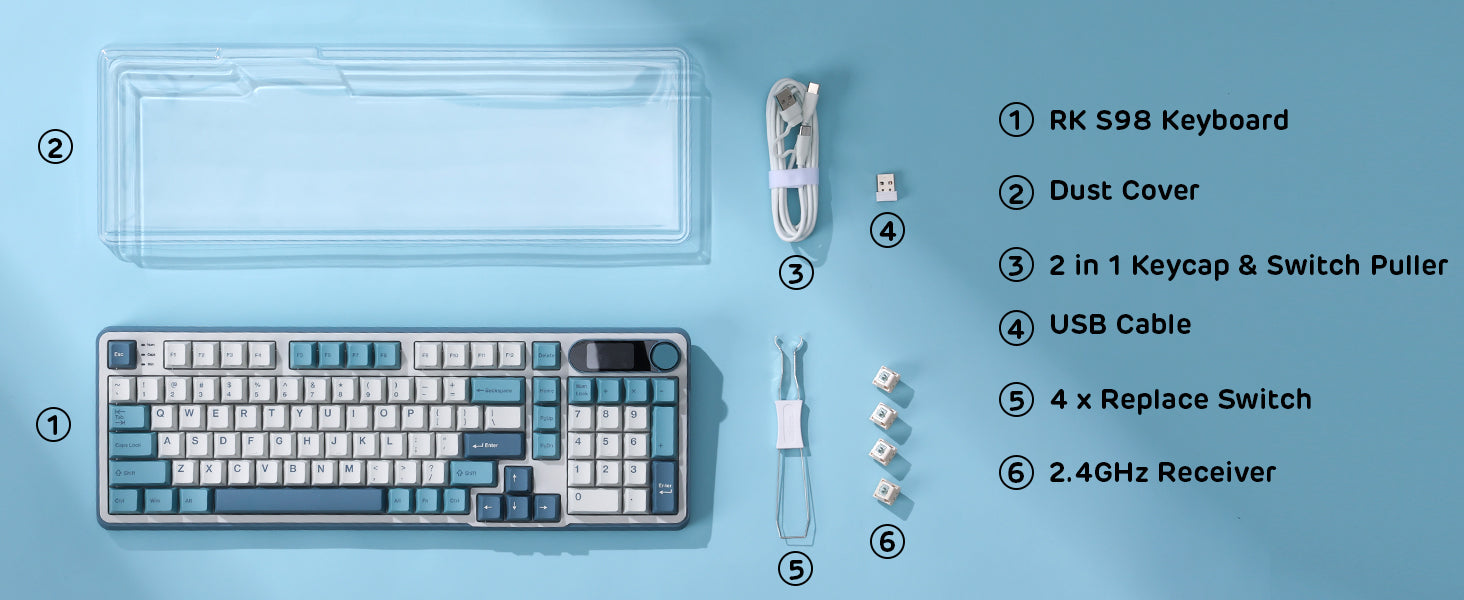 RK ROYAL KLUDGE Mechanical Keyboard S98, RGB, 2.4Ghz/BT/Wired, Spring Rain Switches, Off-white, Mixed Color