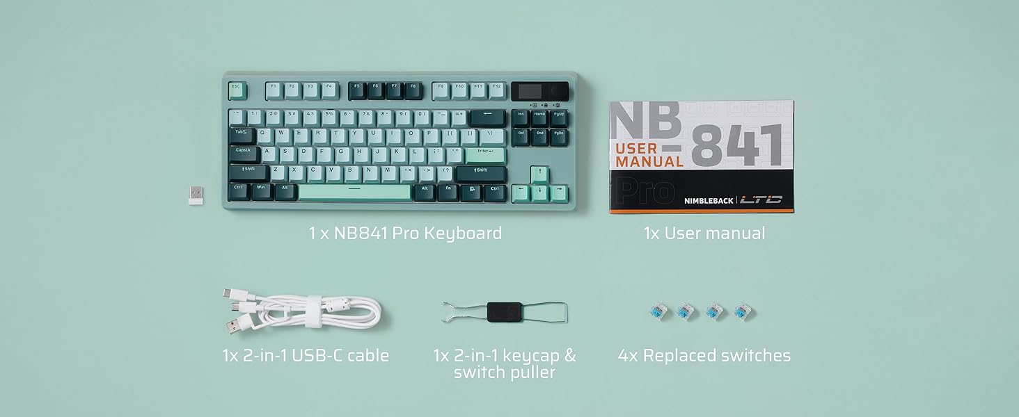 LTC Nimbleback NB841 PRO 75% Wireless 2.4G/ BT/USB-C Wired RGB 84 Keys Gaming Mechanical 3-Layer Dampener, Hot Swap PCB Keyboard Lake Blue Switches, G