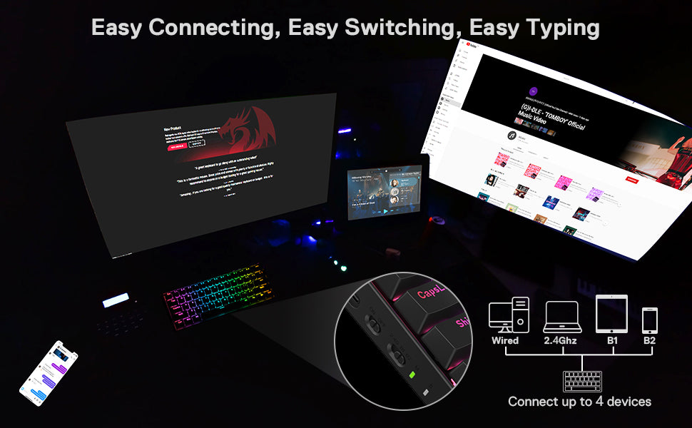 Redragon K530 Pro Draconic 60% Wireless RGB Gaming Mechanical Keyboard Hot-Swap BT/2.4Ghz/Wired 3-Mode 61 Keys Blue Switch