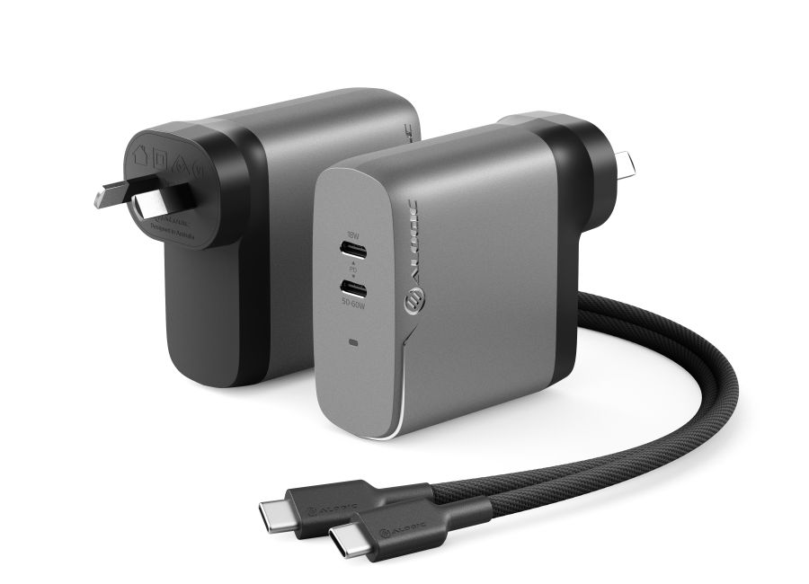 Alogic 2X68 Rapid Power 68W GaN 2 Port USB-C Charger with Charging Cable - Space Grey