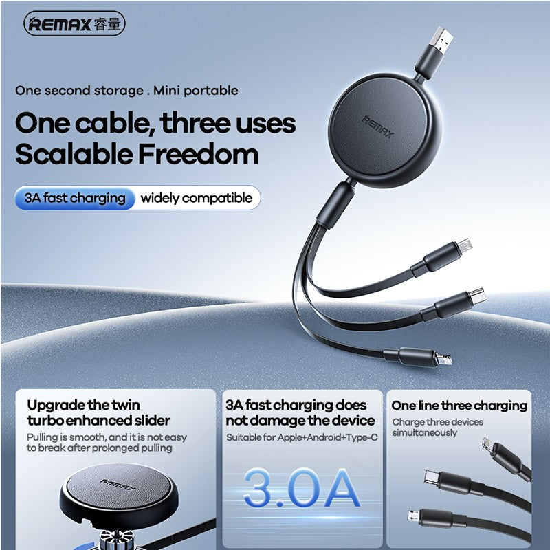 Fast Charging Cable SEEDREAM remax 3A 3in1 Multi Charging Cable USB C to Retractable Phone Charger, Multiple Charging Cord with Type C/Micro USB White