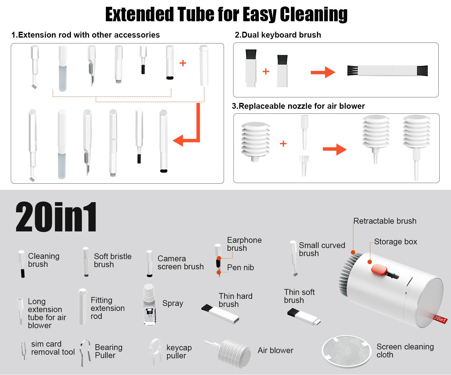20 in 1 Multi-Tool Electronic Cleaning Kit Keyboard Cleaner Lens Pen Cleaning Spray for Laptop iPad Phones Tablet Monitor TV Screen PC Earbud Camera