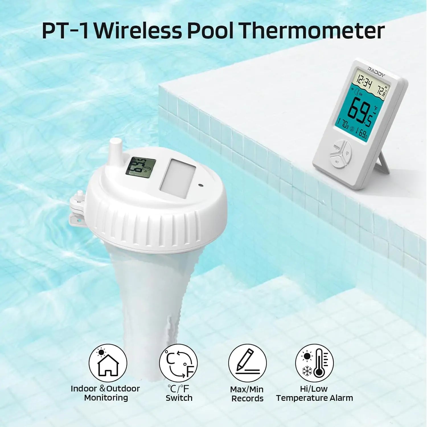 Raddy PT-1 Pool Thermometer Floating Easy Read Wireless Digital Water Thermometer for Indoor and Outdoor Swimming Pools Hot Tubs Pond Bath