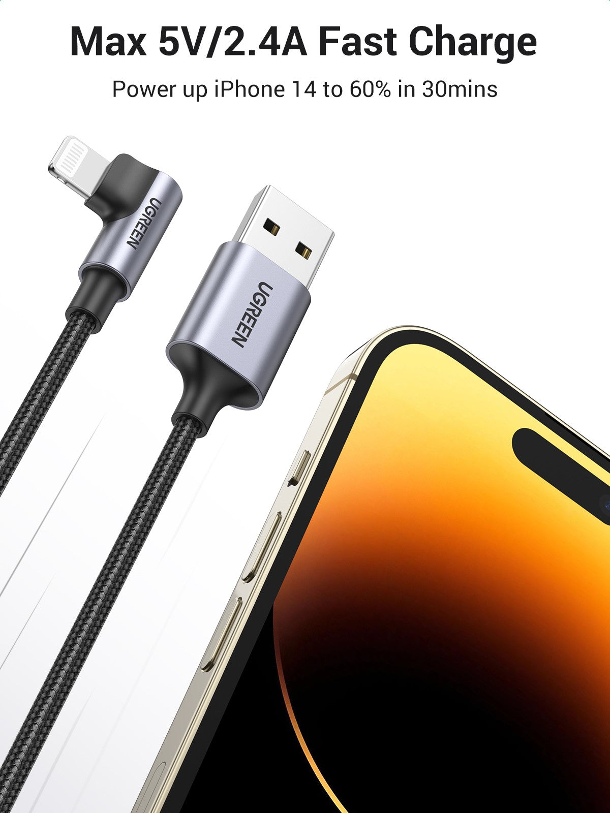 UGREEN Angled Lightning To USB 2.0 A Male Cable - 1M Black