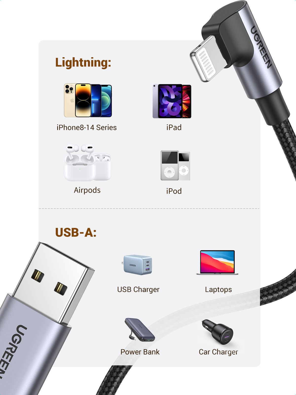 UGREEN Angled Lightning To USB 2.0 A Male Cable - 1M Black