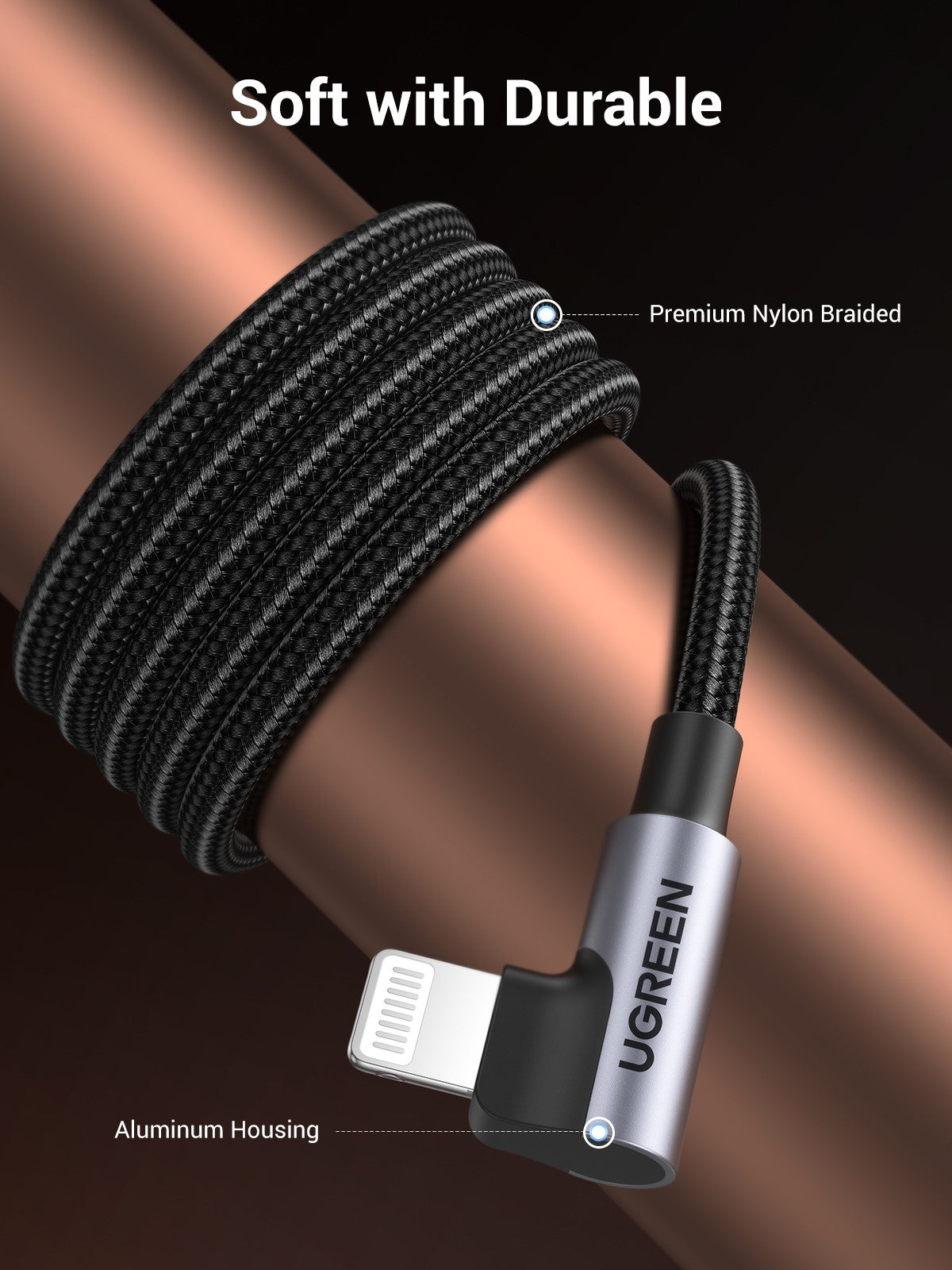 UGREEN Angled Lightning To USB 2.0 A Male Cable - 1M Black