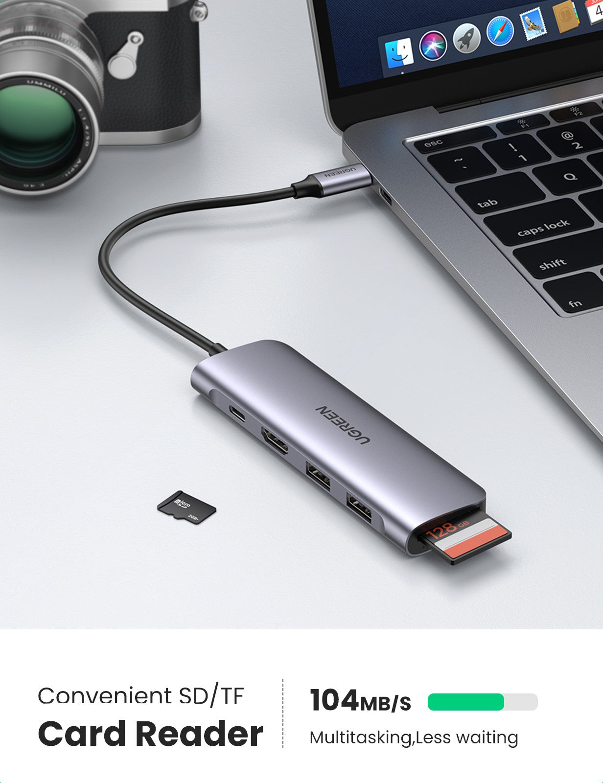 UGREEN USB-C to 2 Ports USB3.0-A Hub + HDMI + TF/SD with PD Power Supply