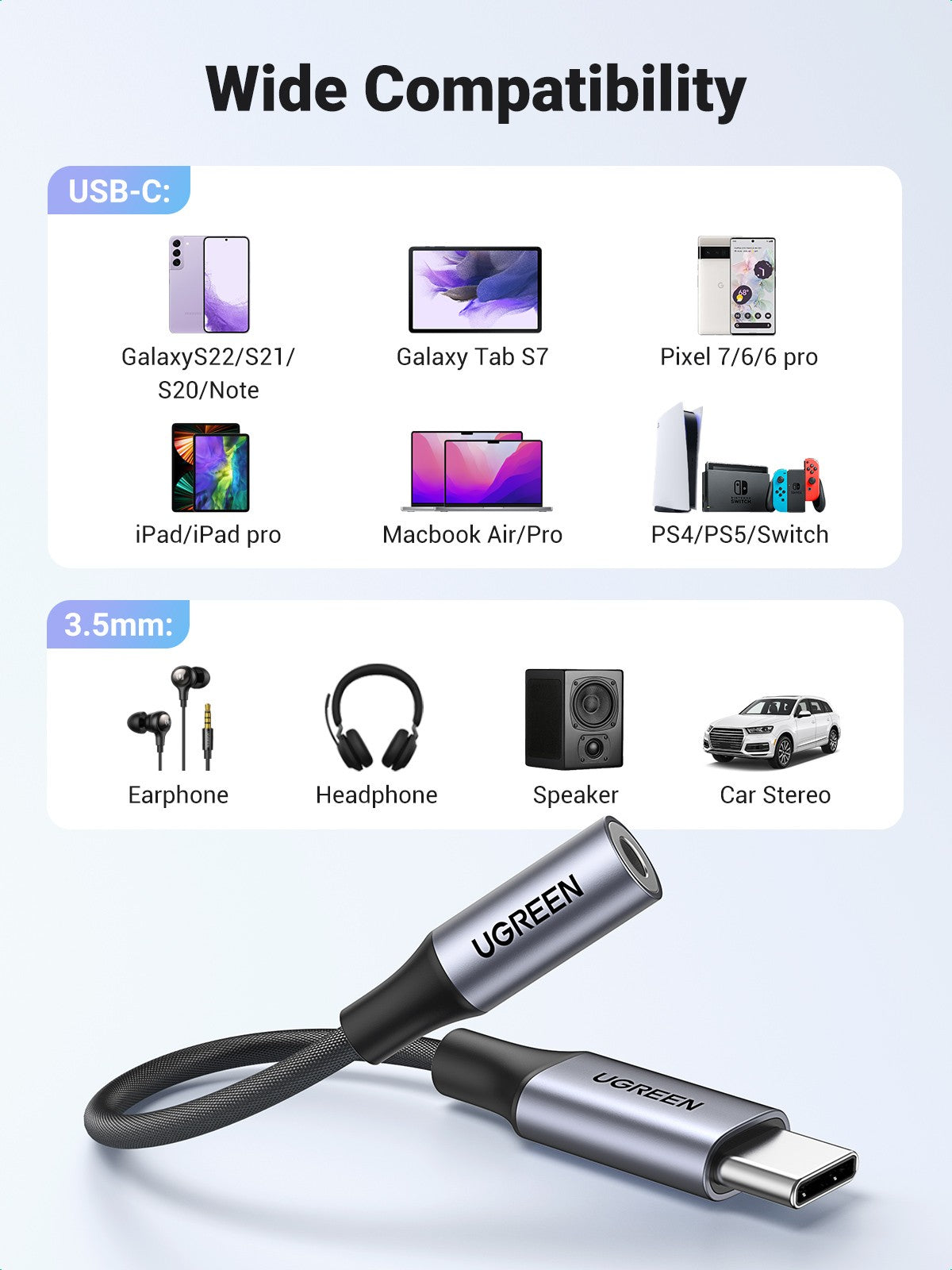 UGREEN USB-C to 3.5mm M/F Cable Aluminum Shell with Braided 10cm