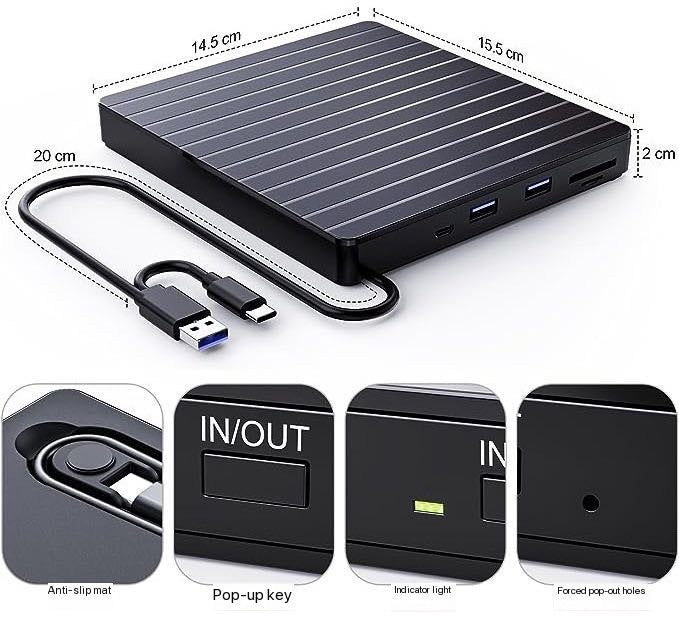 Mobile optical drive multifunctional dvd recorder 5 in 1 card disc dual interface reading USB3.0