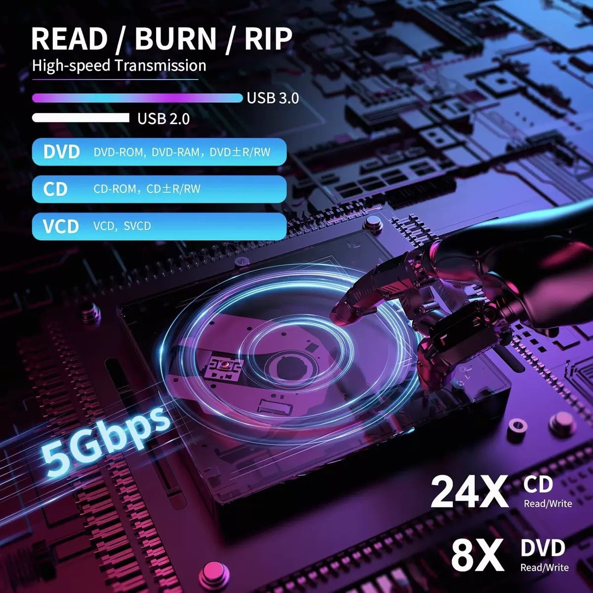 Multi-function five-in-one external optical drive USB3.0 burner DVD / CD fast reading