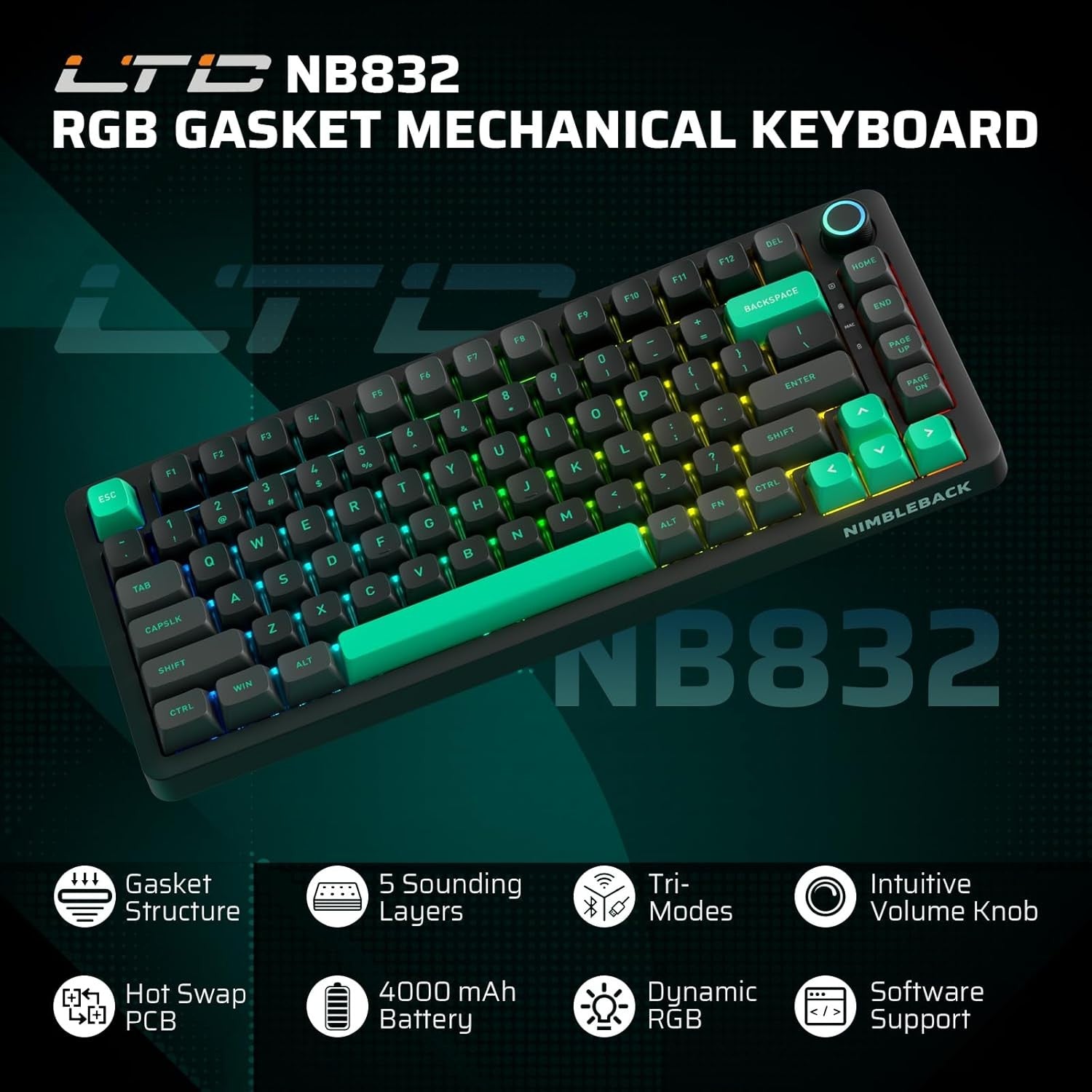 LTC Nimbleback NB832 Wireless 75% Gasket BT5.0/2.4G/USB-C Wired Hot Swappable 82-Keys RGB Gaming Mechanical Keyboard , Custom Linear Switch