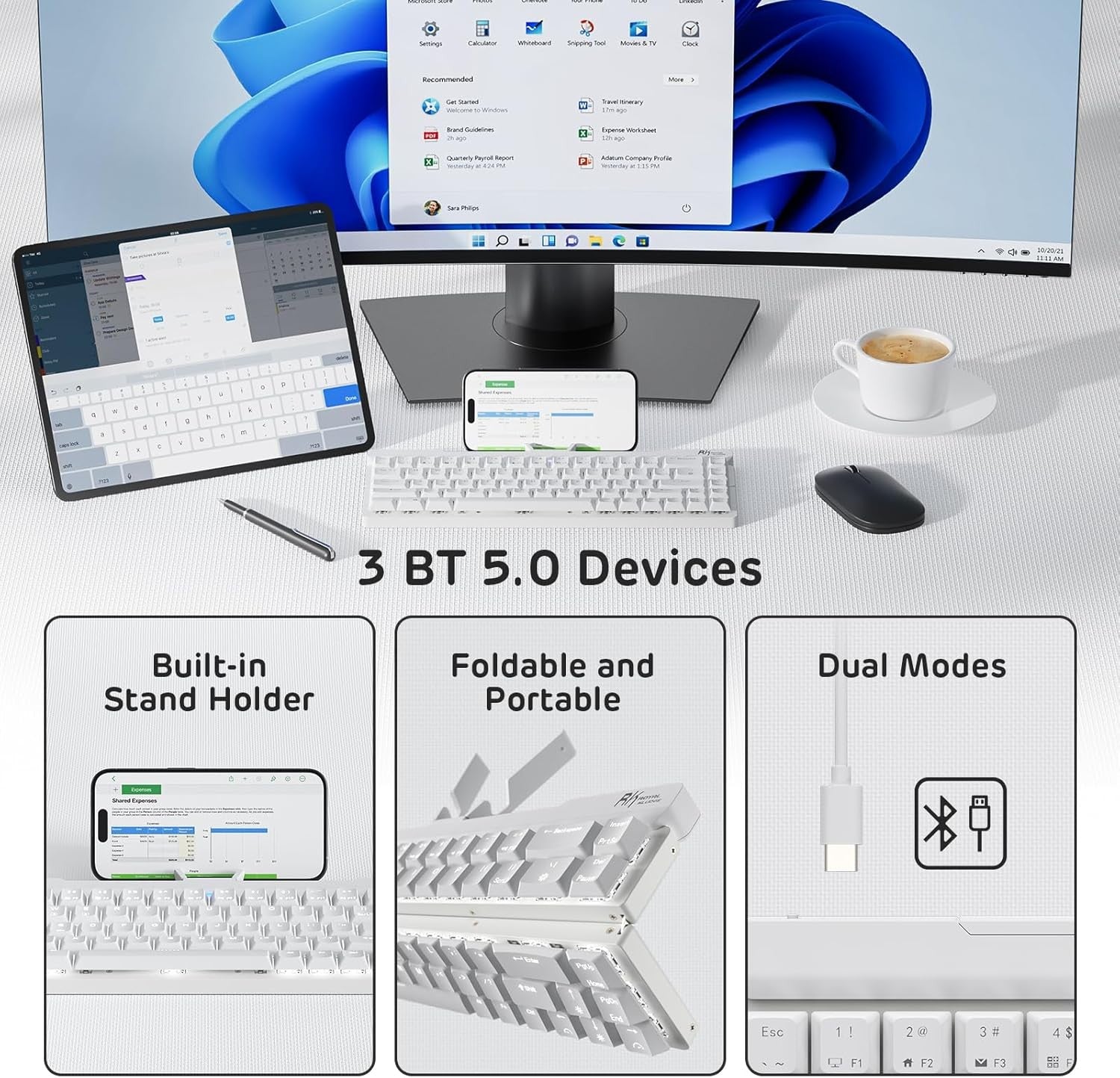 RK ROYAL KLUDGE F68 60% Wireless Foldable Low Profile Mechanical Keyboard, Built-in Stand Holder, White Backlit, 68 Keys, Quiet Red Switch