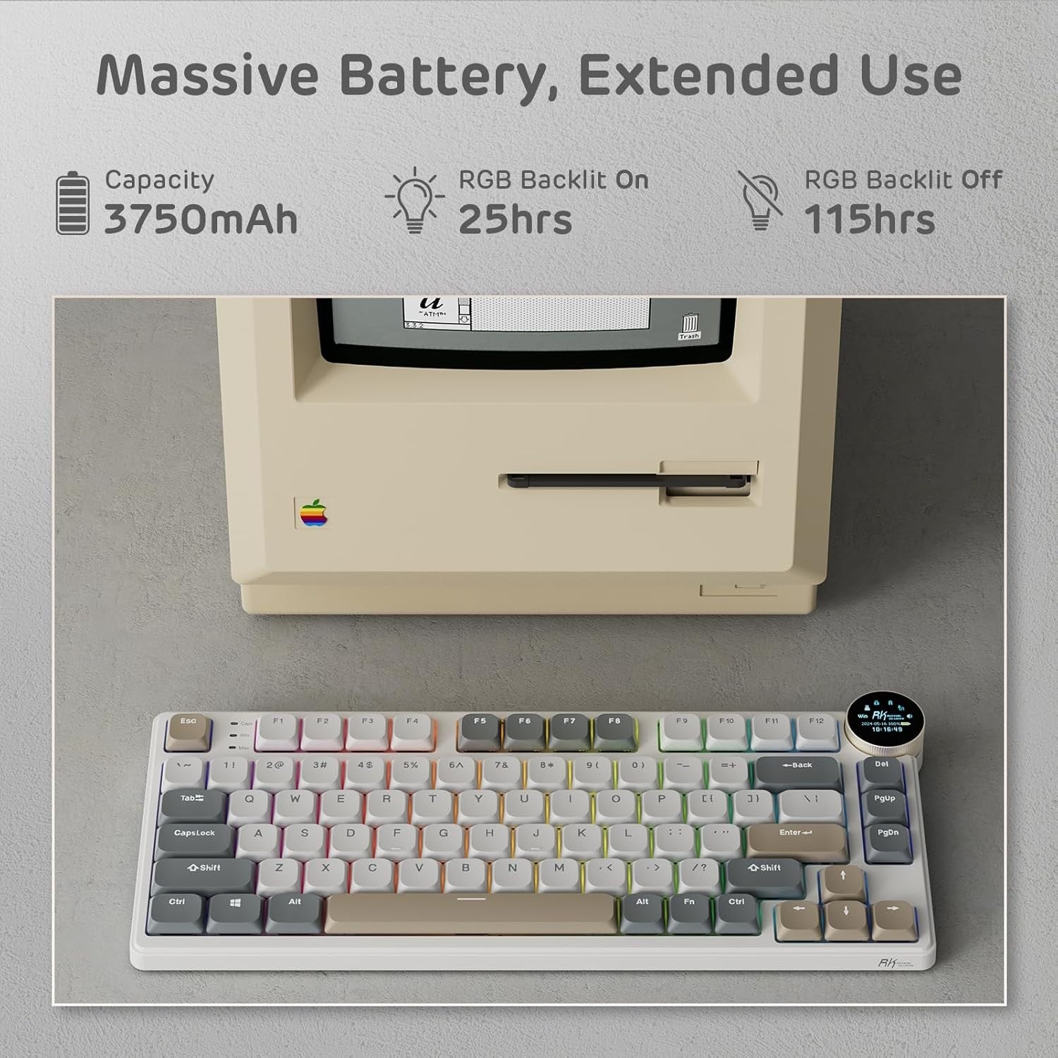 RK ROYAL KLUDGE N80 Low Profile 75% Top Mount 3-Modes Wireless Mechanical Keyboard w/Smart Display Screen & Knob, Quiet Red Switch