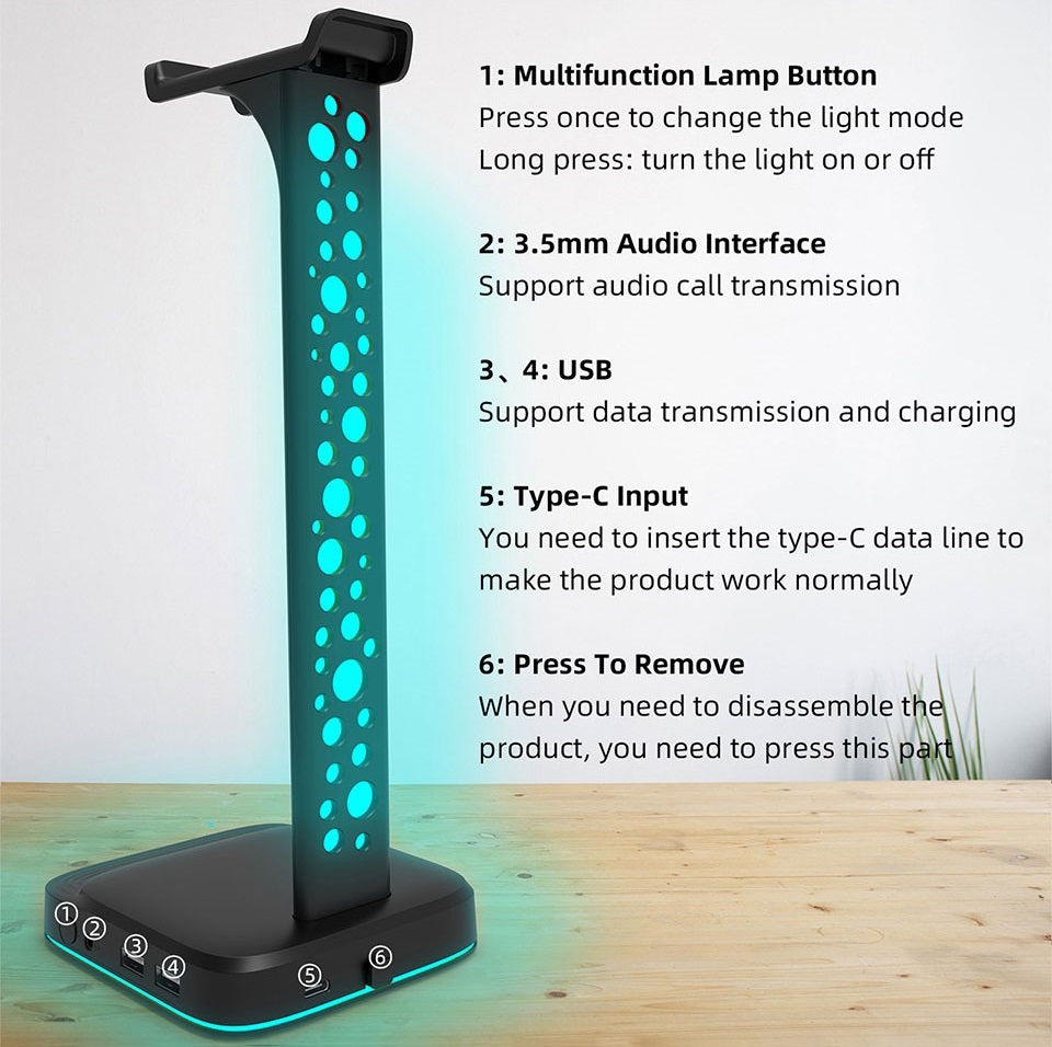 Headphone Stand RGB Gaming Headset Stand with 3.5mm AUX & 2 USB Charging Ports Earphones Holder with 10 Light Modes Headset Holder for Gamers PC