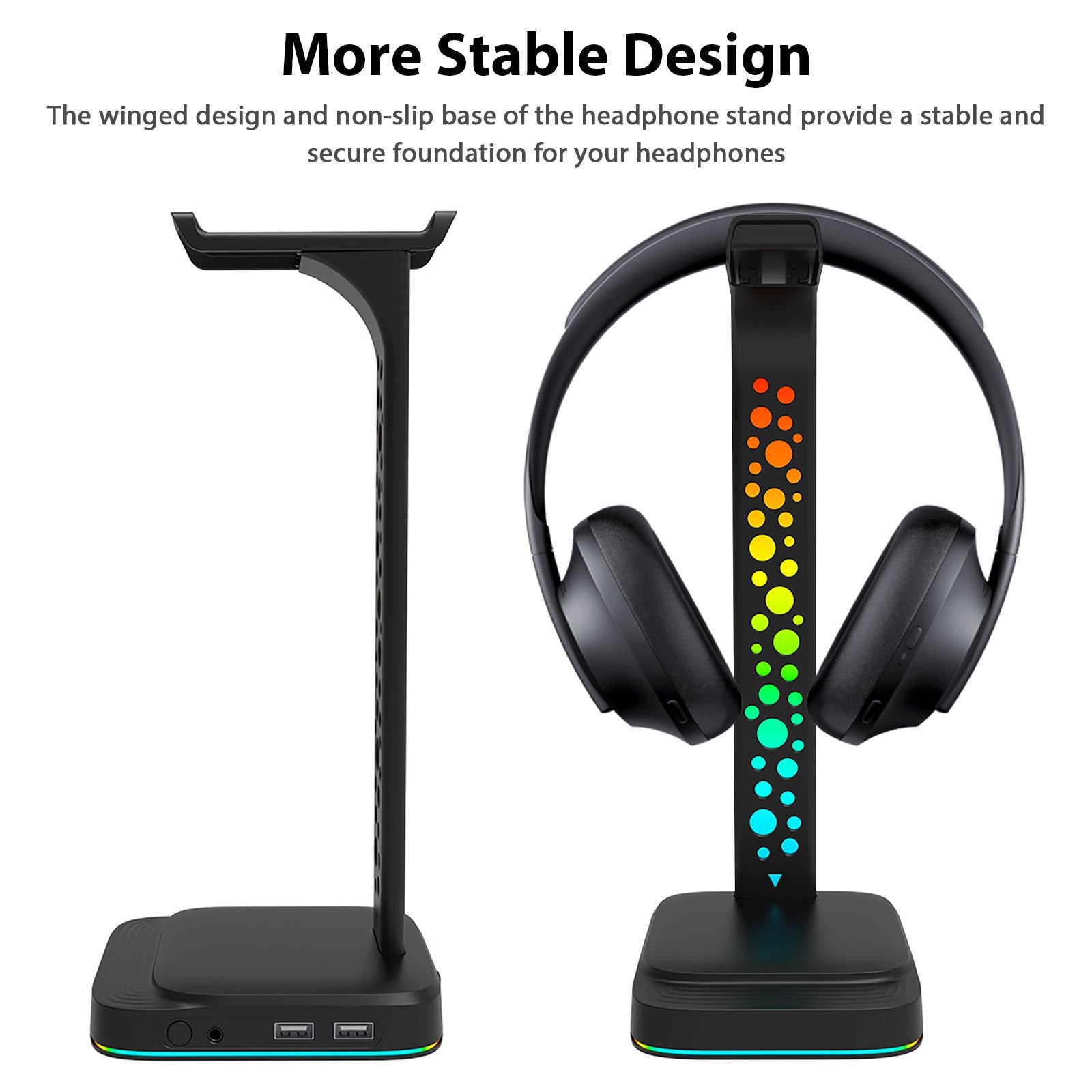 Headphone Stand RGB Gaming Headset Stand with 3.5mm AUX & 2 USB Charging Ports Earphones Holder with 10 Light Modes Headset Holder for Gamers PC
